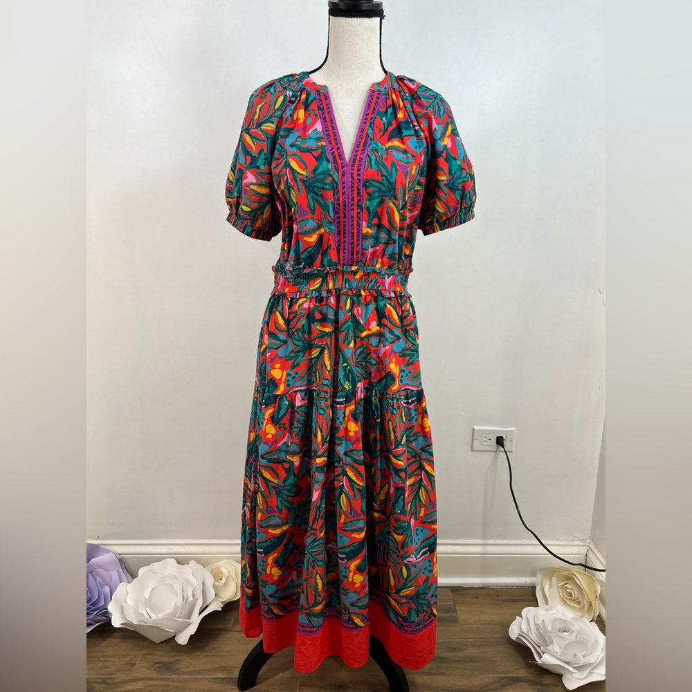 PINCH Cotton Floral Print Dress Midi Puff Sleeve With Red and Green Accents M - Picture 1 of 7